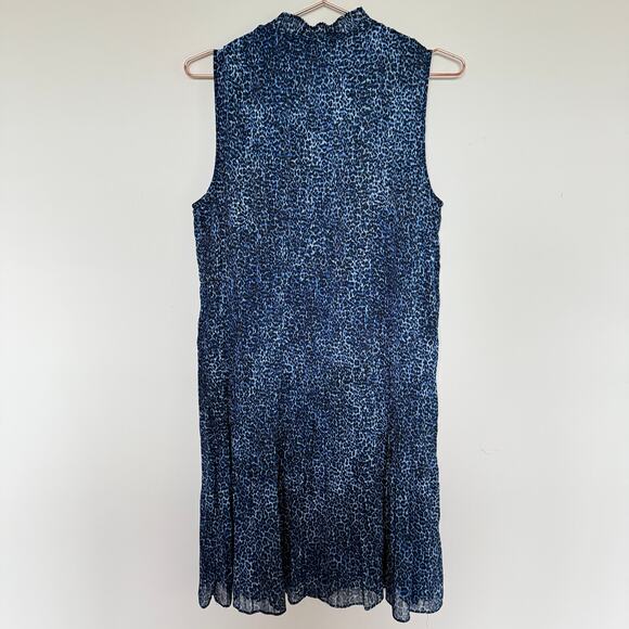 DKNY Womens Dress 12 Blue Pleated Animal Print Tie Neck Mini Office Modest - Picture 8 of 9